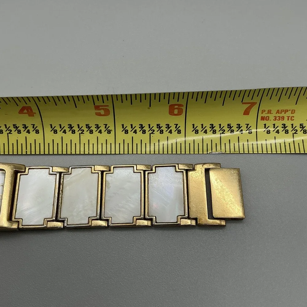 Mother of Pearl Inlay Band Womens Watch 22mm Gold Tone Square New Battery 6.5